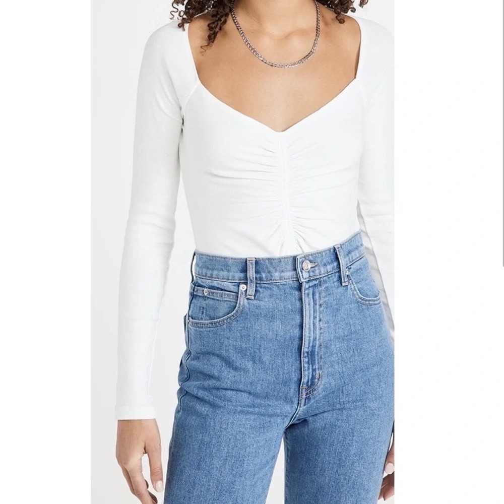 ALC Halley Long Sleeve Ruched Front Cotton Tee White S Casual Elevated Basic